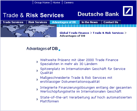 Seite aus der Website der Deutschen Bank mit englischer Navigation und deutschem Text